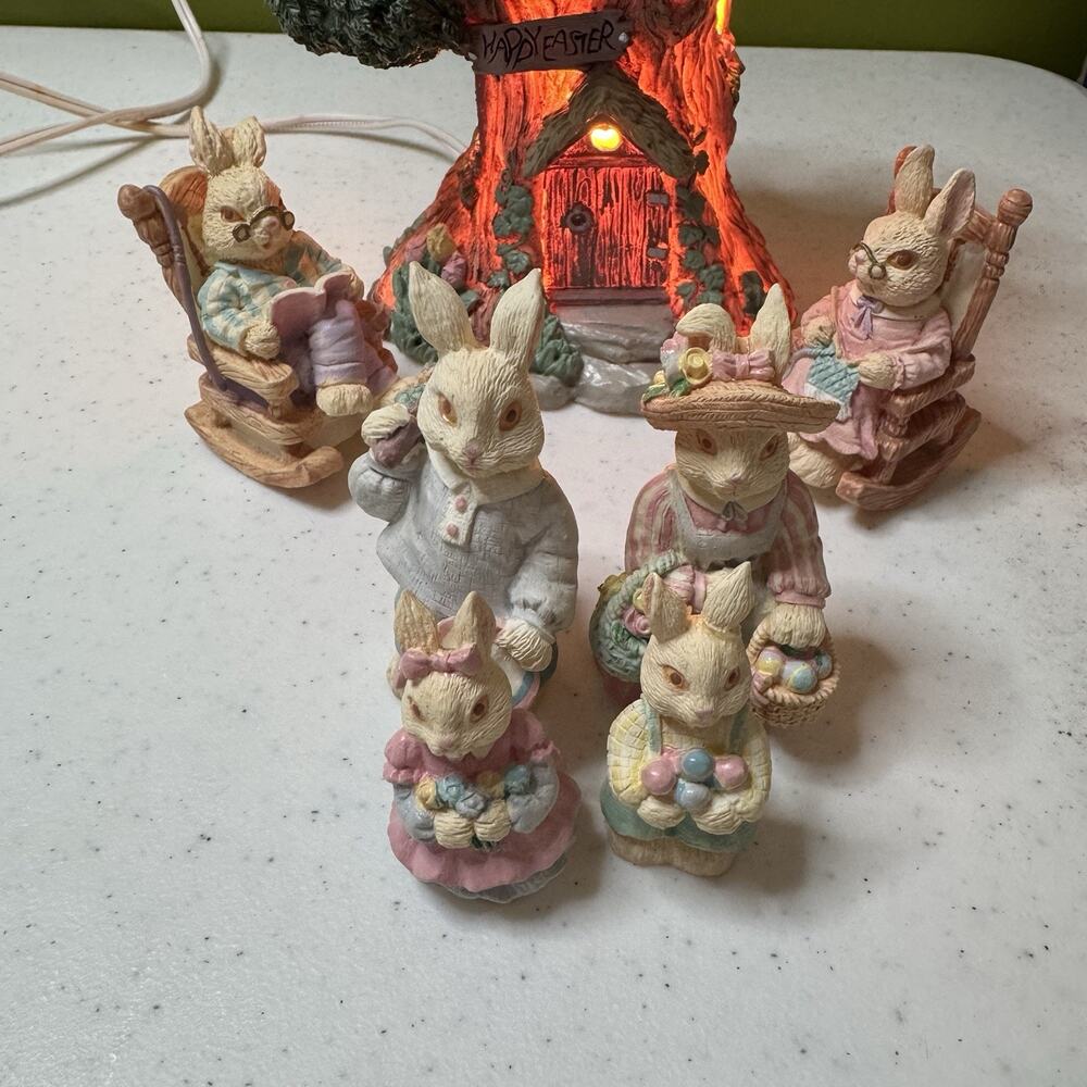 7 Pc Bunny and Lighted‎ Tree House Set 90s Resin Easter Spring Decoration Box - Picture 5 of 12